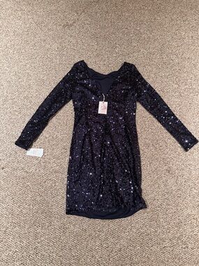 Jessica Simpson Black Navy Sequin Long Sleeve Party Dress